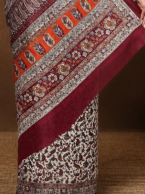 Off_White_&_Maroon_Paisley_Kashmiri_Silk_Printed_Saree_|_Manzil