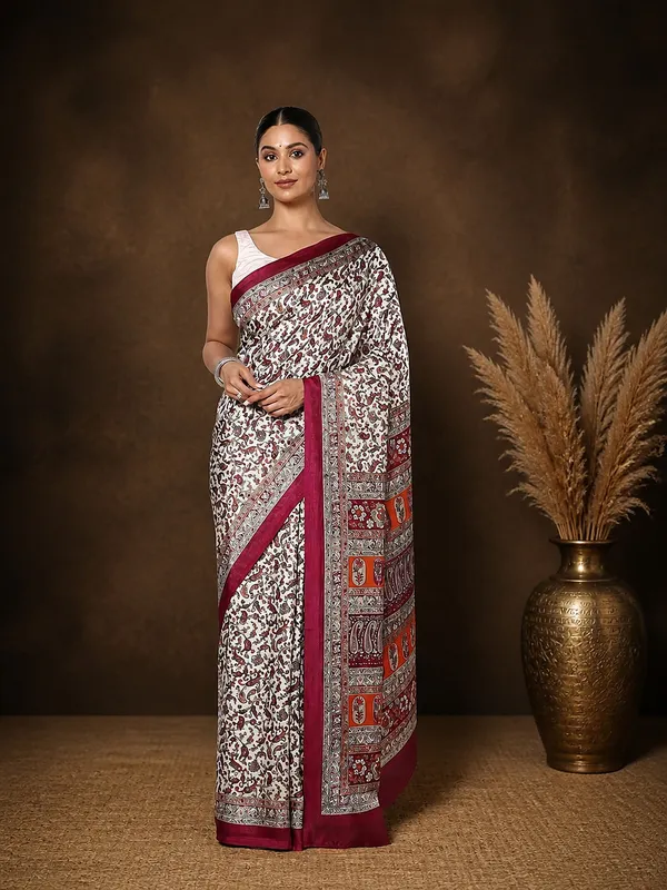 Off_White_&_Maroon_Paisley_Kashmiri_Silk_Printed_Saree_|_Manzil
