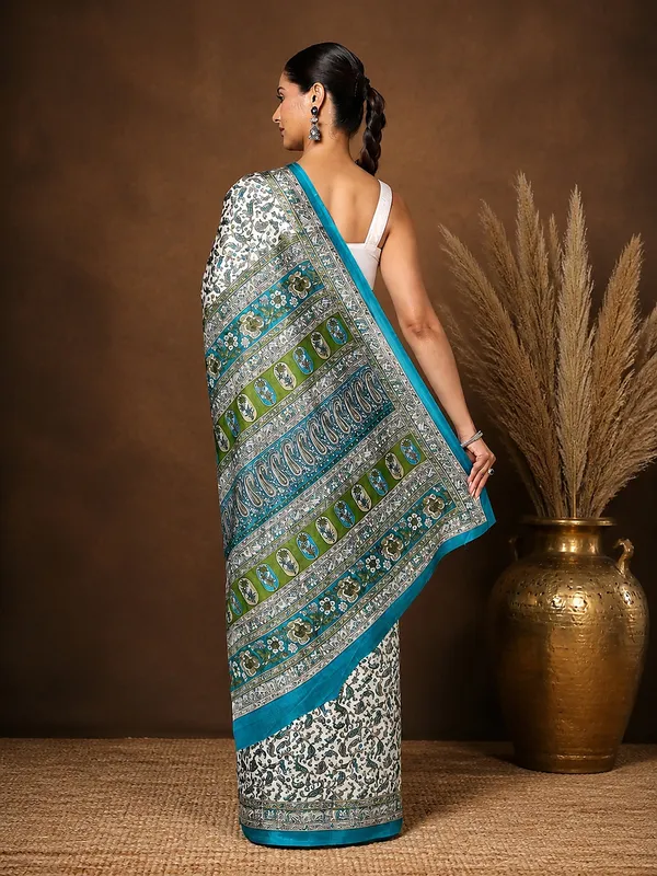 White_&_Green_Paisley_Kashmiri_Silk_Printed_Saree_|_Manzil
