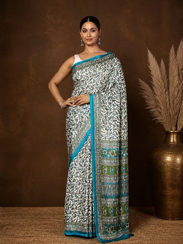 White_&_Green_Paisley_Kashmiri_Silk_Printed_Saree_|_Manzil