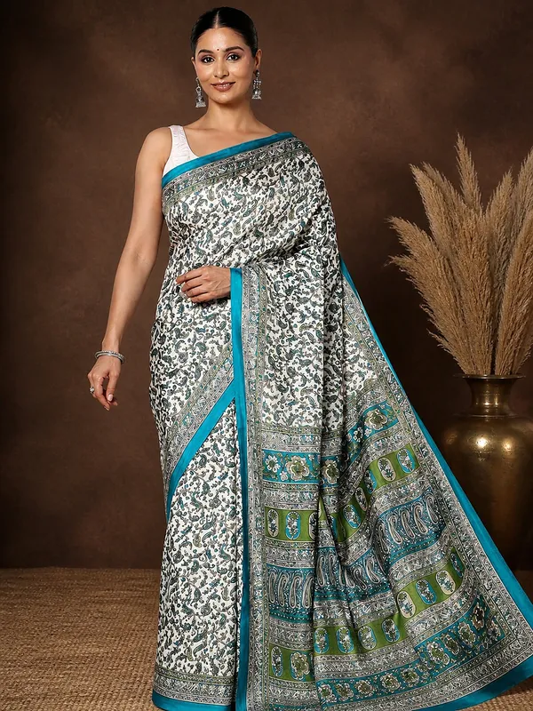 White_&_Green_Paisley_Kashmiri_Silk_Printed_Saree_|_Manzil