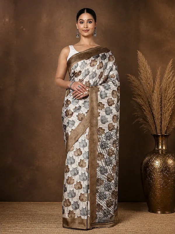 Beige_&_Brown_Border_Kashmiri_Silk_Printed_Saree_|_Patjhad