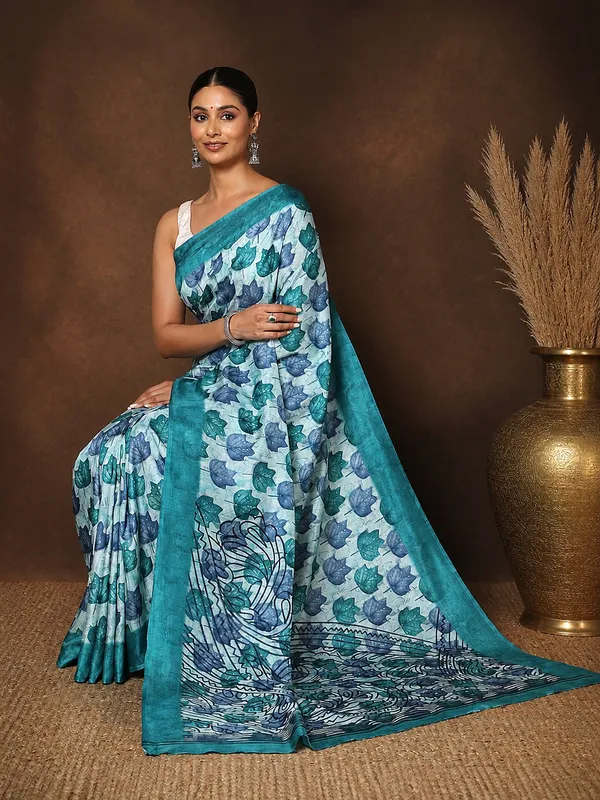 Blue_Scalloped-Pallu_Kashmiri_Silk_Printed_Saree_|_Patjhad
