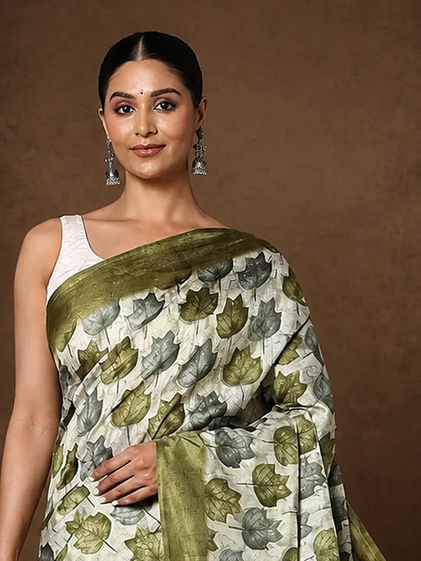 White_&_Olive_Border_Kashmiri_Silk_Printed_Saree_|_Patjhad