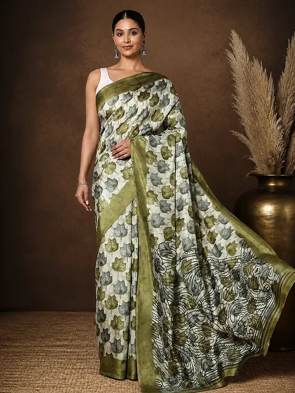 White_&_Olive_Border_Kashmiri_Silk_Printed_Saree_|_Patjhad