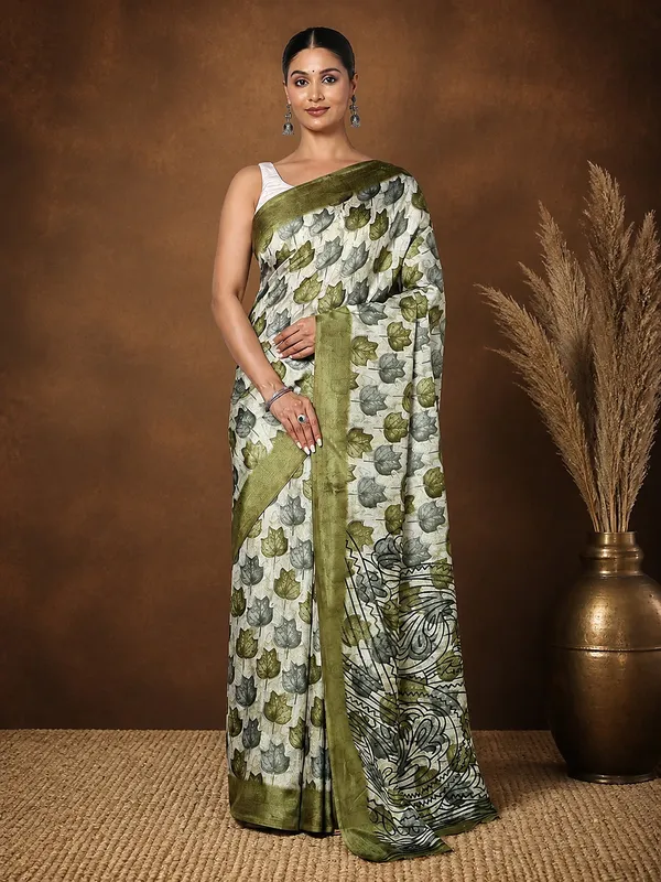 White_&_Olive_Border_Kashmiri_Silk_Printed_Saree_|_Patjhad