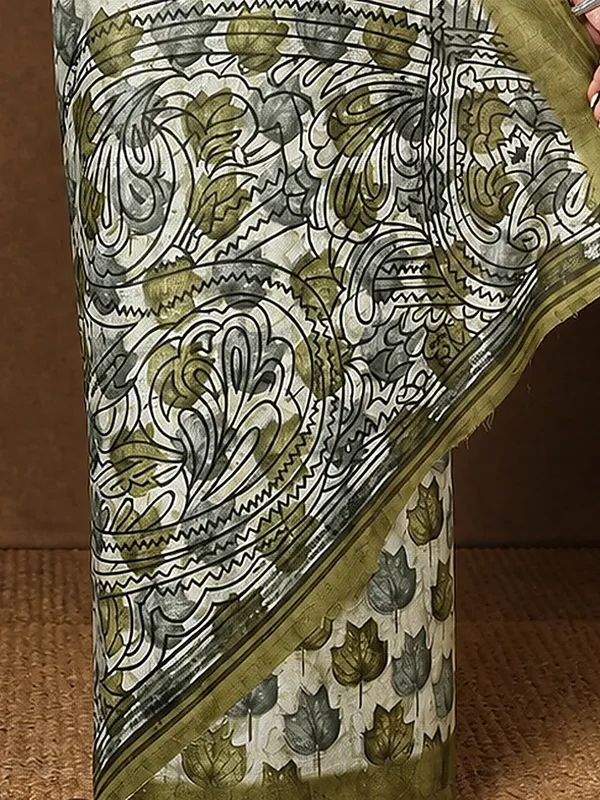 White_&_Olive_Border_Kashmiri_Silk_Printed_Saree_|_Patjhad