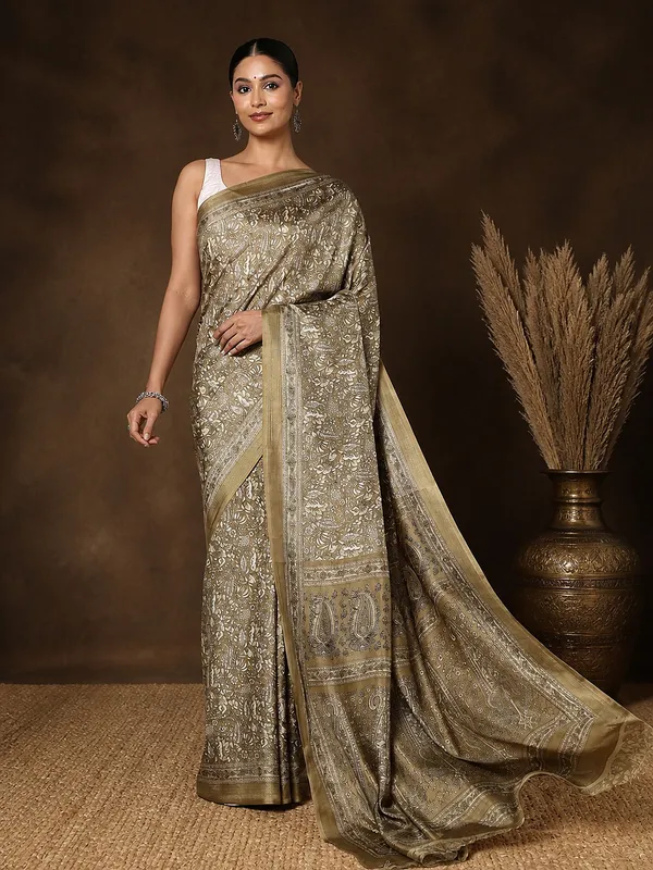 Olive_Paisley_Printed_Kashmiri_Silk_Saree_|_Silsila