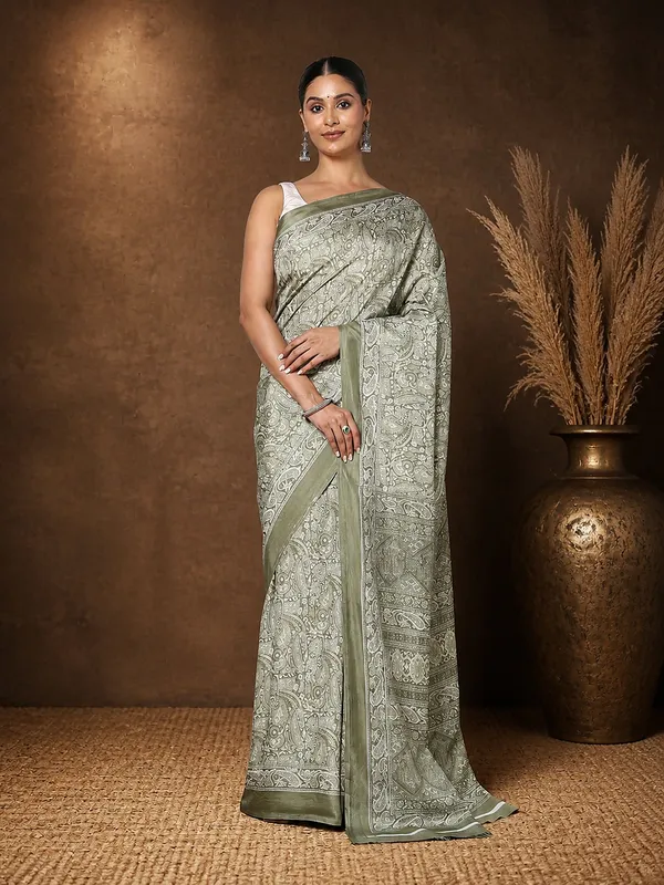 Olive_Green_Paisley_Kashmiri_Silk_Printed_Saree_|_Manzil