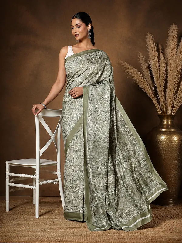 Olive_Green_Paisley_Kashmiri_Silk_Printed_Saree_|_Manzil