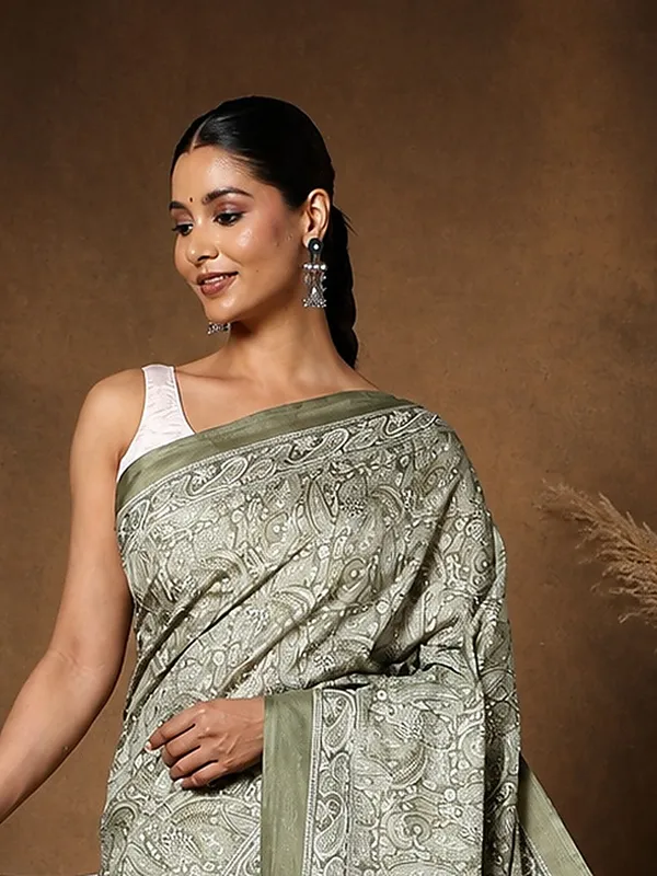 Olive_Green_Paisley_Kashmiri_Silk_Printed_Saree_|_Manzil