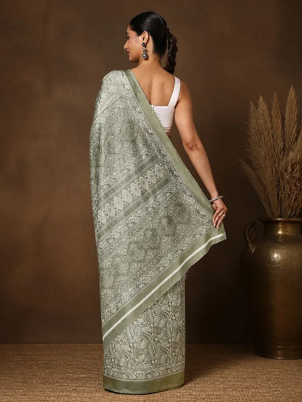 Olive_Green_Paisley_Kashmiri_Silk_Printed_Saree_|_Manzil