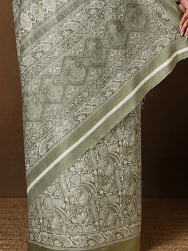 Olive_Green_Paisley_Kashmiri_Silk_Printed_Saree_|_Manzil