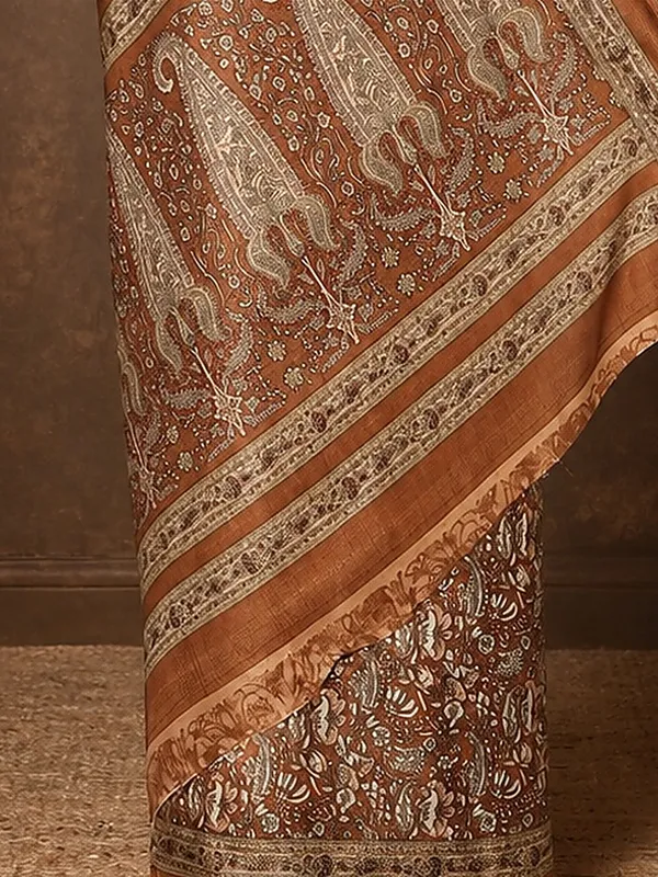 Brown_&_Bronze_Paisley_Kashmiri_Silk_Printed_Saree_|_Manzil