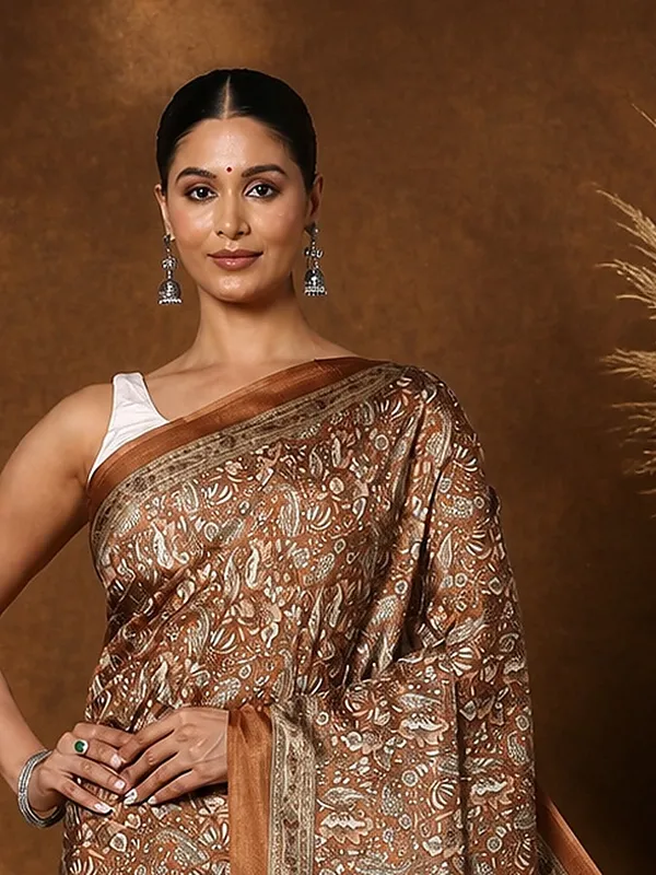 Brown_&_Bronze_Paisley_Kashmiri_Silk_Printed_Saree_|_Manzil
