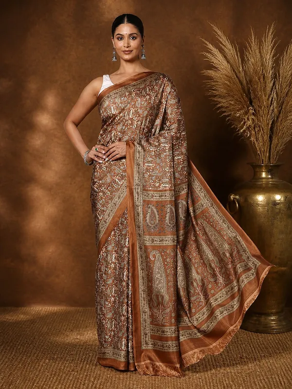 Brown_&_Bronze_Paisley_Kashmiri_Silk_Printed_Saree_|_Manzil