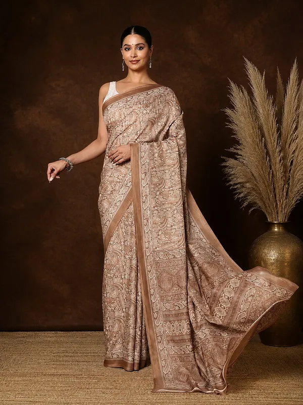 Light_Brown_Paisley_Kashmiri_Silk_Printed_Saree_|_Manzil