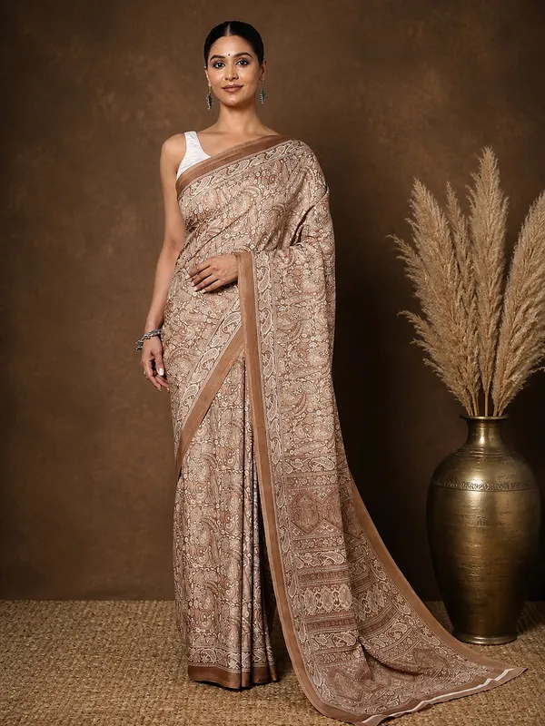 Light_Brown_Paisley_Kashmiri_Silk_Printed_Saree_|_Manzil