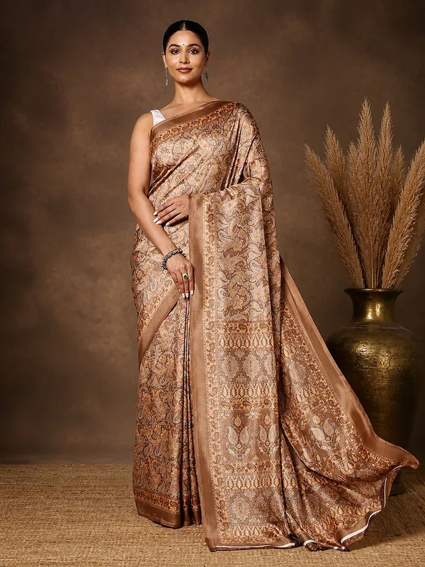 Tan_&_Brown_Paisley_Kashmiri_Silk_Printed_Saree_|_Manzil