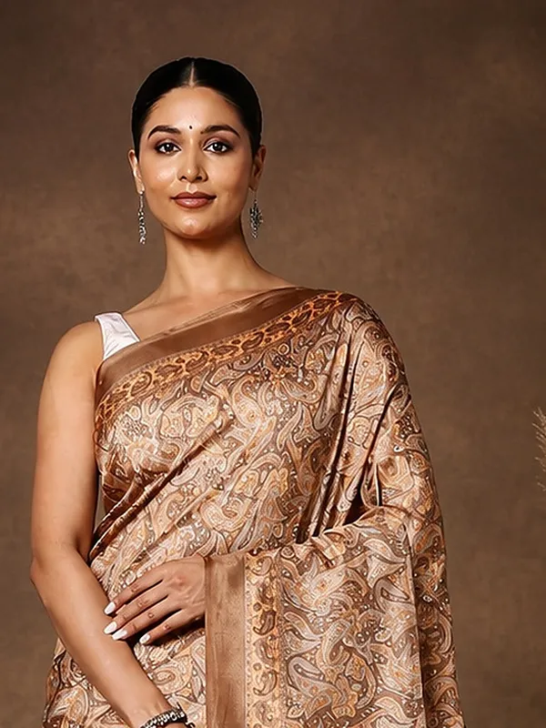Tan_&_Brown_Paisley_Kashmiri_Silk_Printed_Saree_|_Manzil