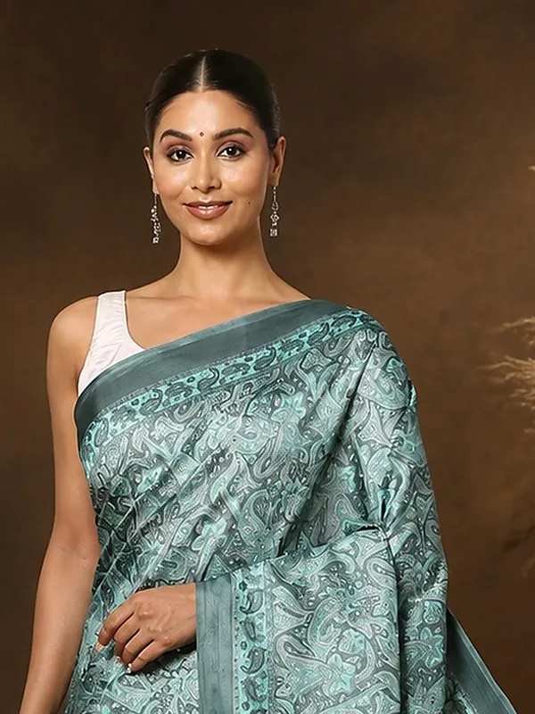 Slate_Grey_Teal_Paisley_Printed_Kashmiri_Silk_Saree_|_Silsila