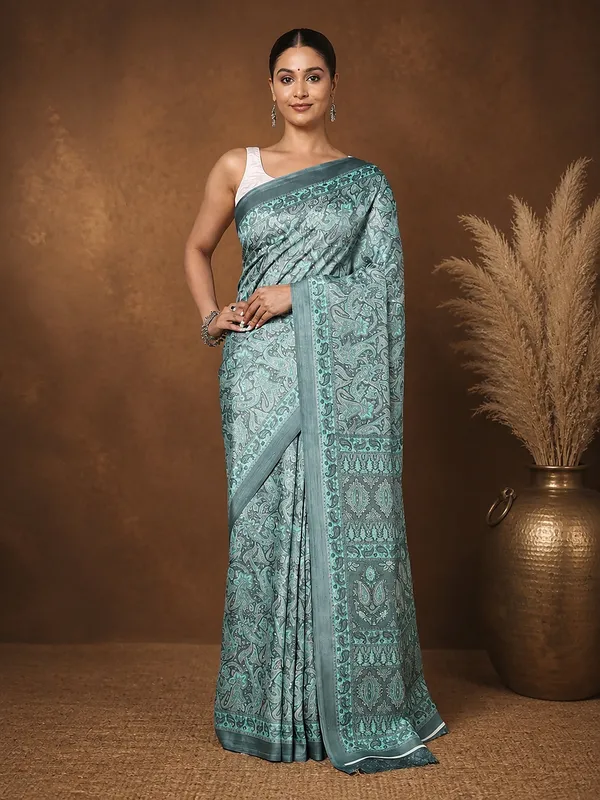 Slate_Grey_Teal_Paisley_Printed_Kashmiri_Silk_Saree_|_Silsila