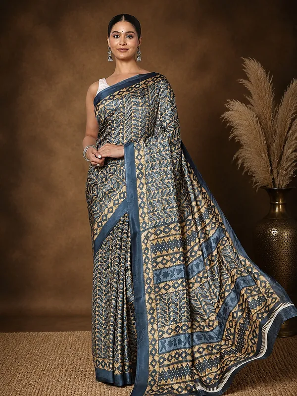 Blue_&_Tan_Leaf_Print_Kashmiri_Silk_Saree_|_Taal