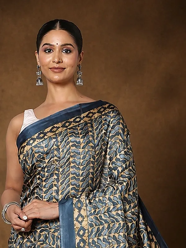 Blue_&_Tan_Leaf_Print_Kashmiri_Silk_Saree_|_Taal
