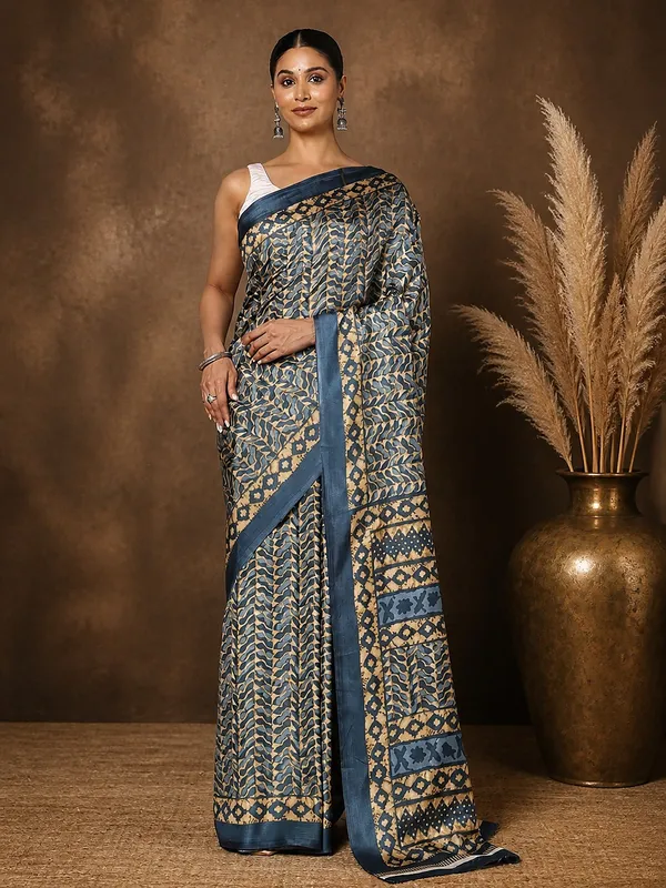 Blue_&_Tan_Leaf_Print_Kashmiri_Silk_Saree_|_Taal
