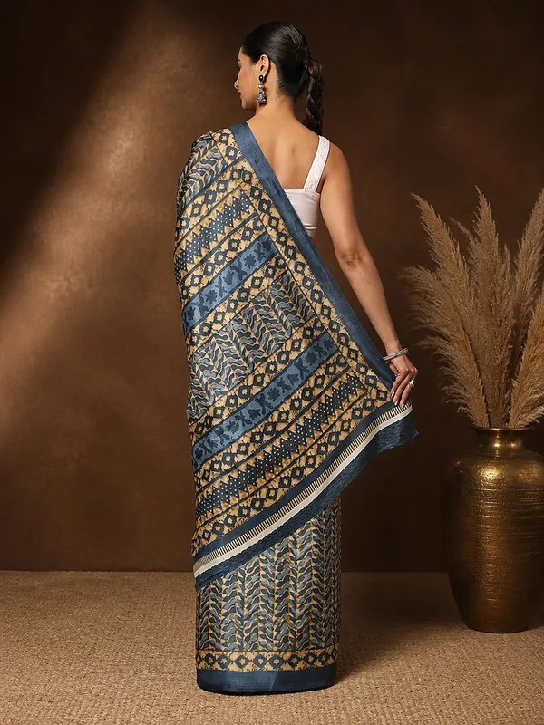 Blue_&_Tan_Leaf_Print_Kashmiri_Silk_Saree_|_Taal