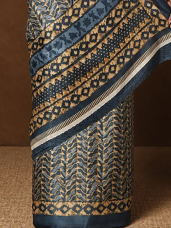 Blue_&_Tan_Leaf_Print_Kashmiri_Silk_Saree_|_Taal