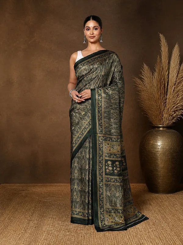 Dark_Green_Paisley_Kashmiri_Silk_Printed_Saree_|_Manzil