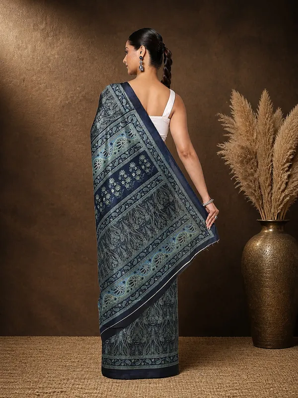 Dark_Blue_Paisley_Kashmiri_Silk_Printed_Saree_|_Manzil