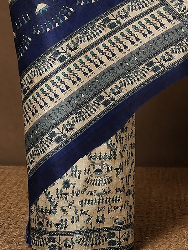 Beige_&_Navy_Warli_Printed_Kashmiri_Silk_Saree_|_Manzar