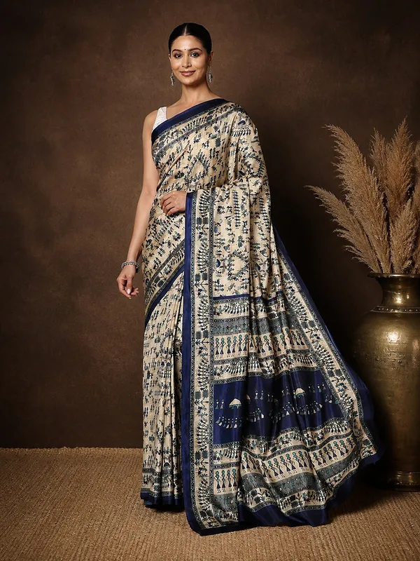 Beige_&_Navy_Warli_Printed_Kashmiri_Silk_Saree_|_Manzar