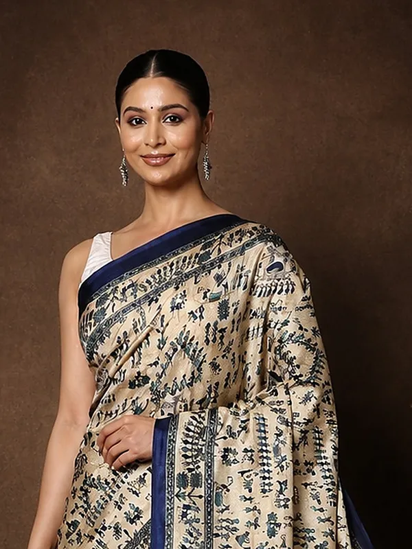 Beige_&_Navy_Warli_Printed_Kashmiri_Silk_Saree_|_Manzar