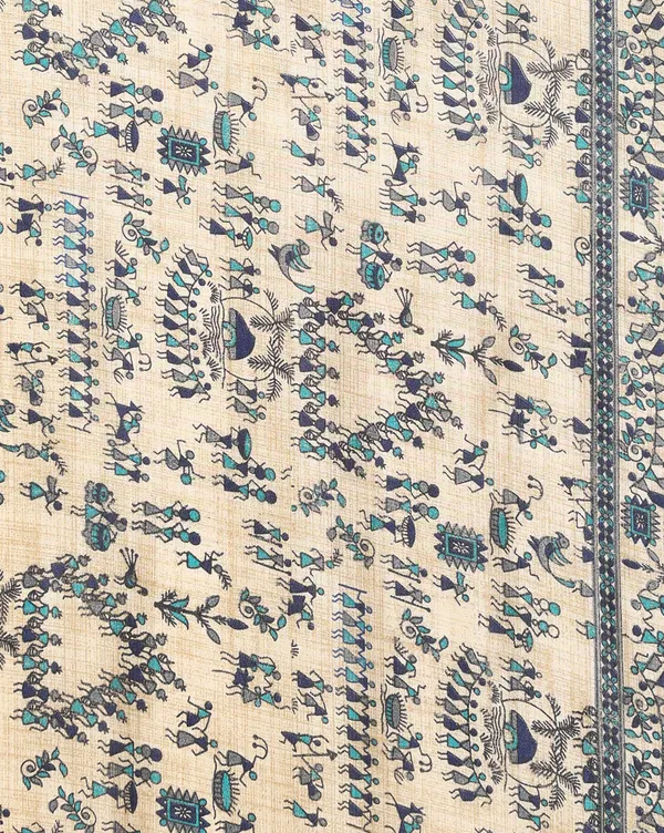 Beige_&_Navy_Warli_Printed_Kashmiri_Silk_Saree_|_Manzar