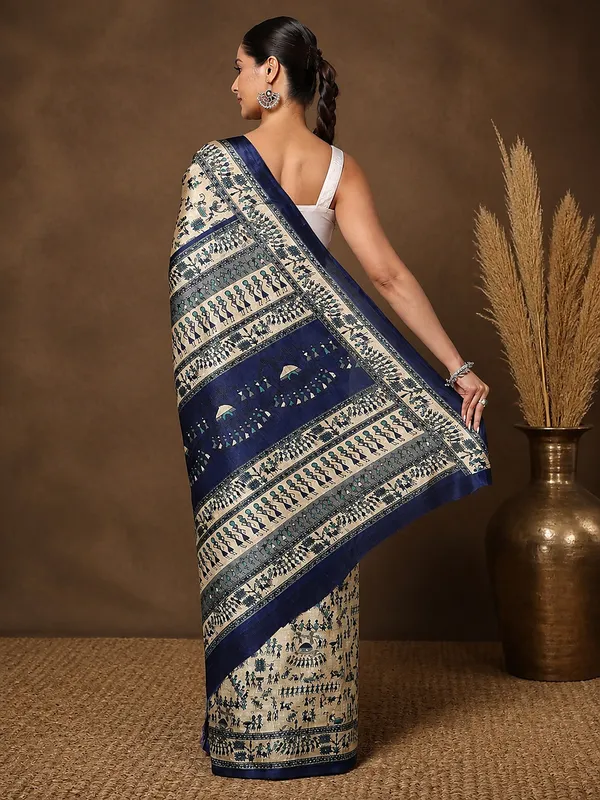 Beige_&_Navy_Warli_Printed_Kashmiri_Silk_Saree_|_Manzar