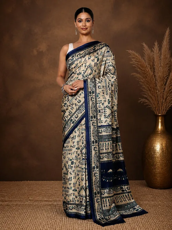 Beige_&_Navy_Warli_Printed_Kashmiri_Silk_Saree_|_Manzar