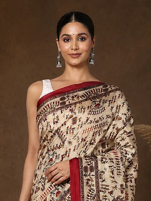 Beige_&_Maroon_Warli_Printed_Kashmiri_Silk_Saree_|_Manzar