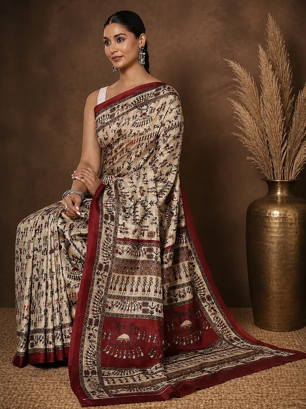 Beige_&_Maroon_Warli_Printed_Kashmiri_Silk_Saree_|_Manzar