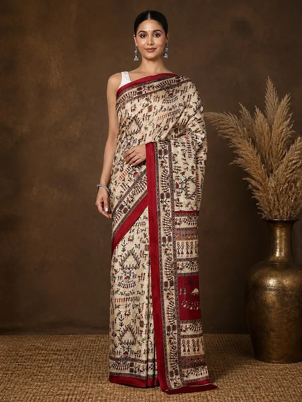 Beige_&_Maroon_Warli_Printed_Kashmiri_Silk_Saree_|_Manzar
