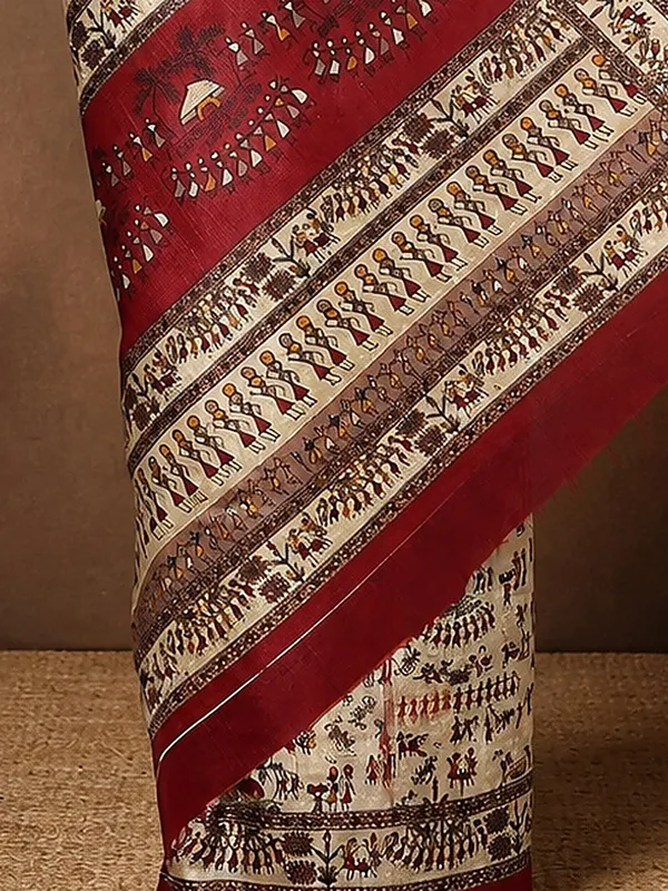 Beige_&_Maroon_Warli_Printed_Kashmiri_Silk_Saree_|_Manzar