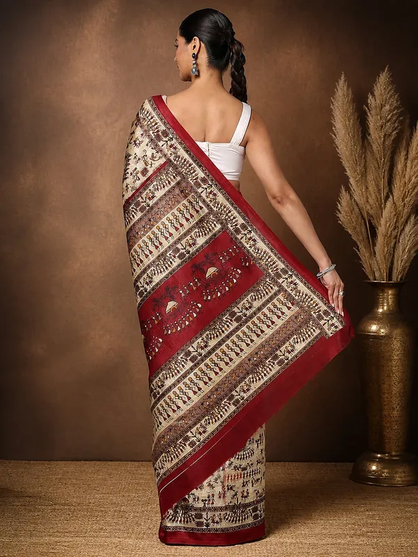 Beige_&_Maroon_Warli_Printed_Kashmiri_Silk_Saree_|_Manzar