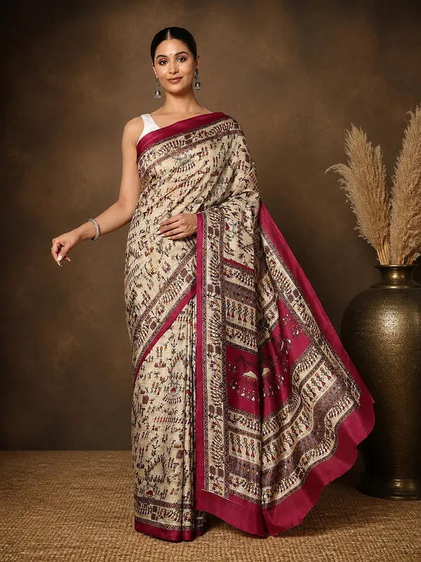 Beige_&_Magenta_Warli_Printed_Kashmiri_Silk_Saree_|_Manzar