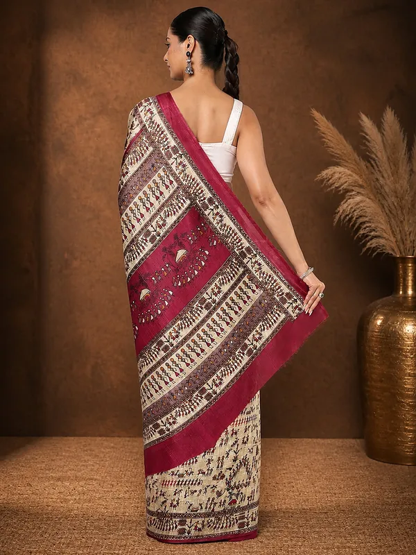 Beige_&_Magenta_Warli_Printed_Kashmiri_Silk_Saree_|_Manzar