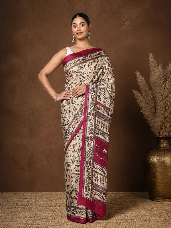 Beige_&_Magenta_Warli_Printed_Kashmiri_Silk_Saree_|_Manzar