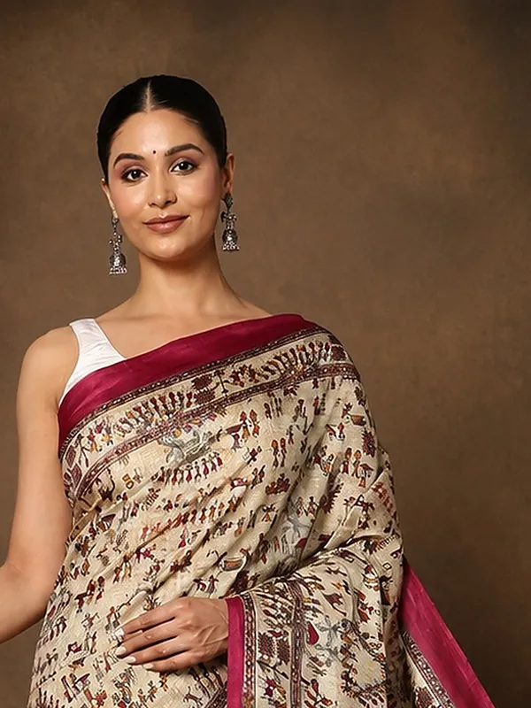 Beige_&_Magenta_Warli_Printed_Kashmiri_Silk_Saree_|_Manzar