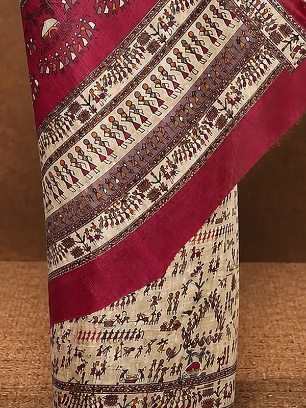 Beige_&_Magenta_Warli_Printed_Kashmiri_Silk_Saree_|_Manzar