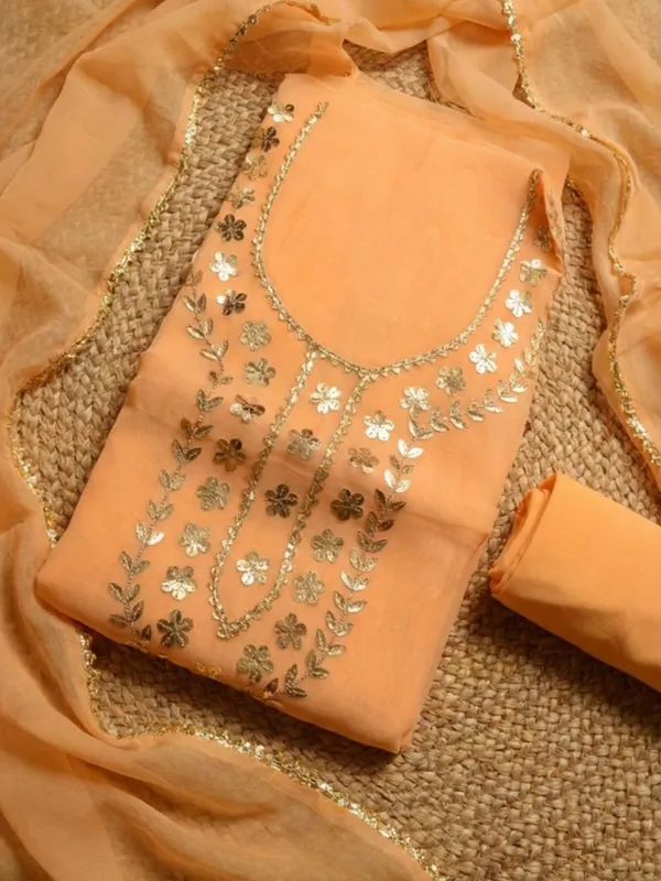 Gulnaar_Organza_Silk_Gota_Patti_Suit_(T+B+D)_Set_Light_Orange